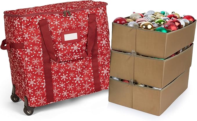 Covermates Keepsakes Rolling Adjustable Ornament Storage Bag – Heavy-Duty Polyester, FlexGrid Trays & Padded Dividers – Protective Holiday Organizer with Wheels, Handles & ID Window, Red Snowflake