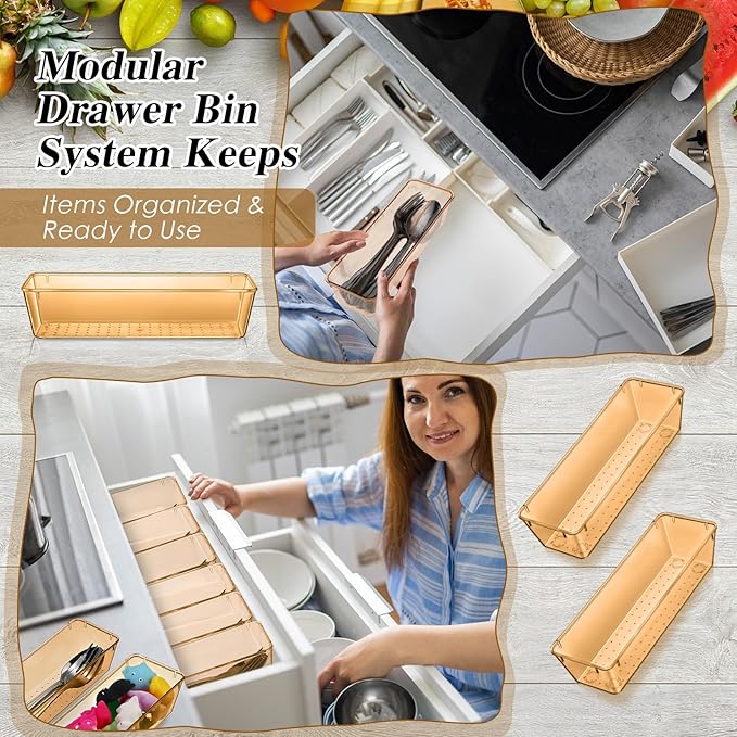 Maitys 12 Pcs Clear Drawer Organizer 9 x 3 x 2 Inches Plastic Rectangle Trays Makeup Vanity Storage Bins and Kitchen Drawers Dividers for Office Desk Silverware Kitchen Utensils(Champagne)