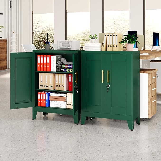Green Metal Storage Cabinet, 36" Tall Locking Storage Cabinet with 2 Adjustable Shelves, Steel Locker Organizer, for Office, Home, School, 11.81" D x 23.62" W x 35.83" H