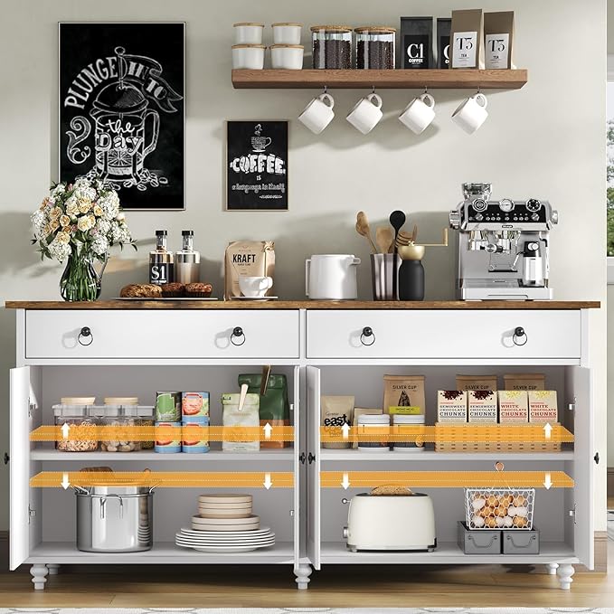 4 EVER WINNER Buffet Cabinet with Storage, 55'' Large Farmhouse Storage Cabinet with 2 Drawers and 4 Doors, Coffee Bar Cabinet with Adjustable Shelves for Kitchen, Dining Room, White