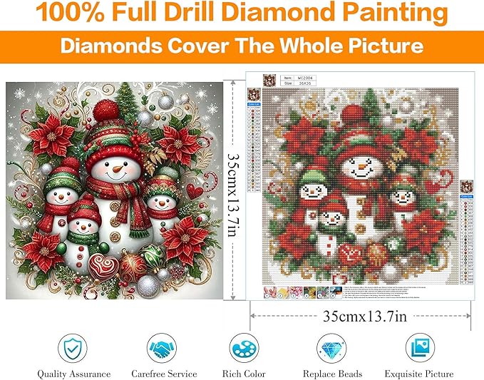 Christmas Diamond Art Kits for Adults, Snowman Family Diamond Painting Kits for Beginners, 5D Full Drill Gem Art Paint with Diamonds Dots Crafts Kits for Home Decor Gift 14x14inch