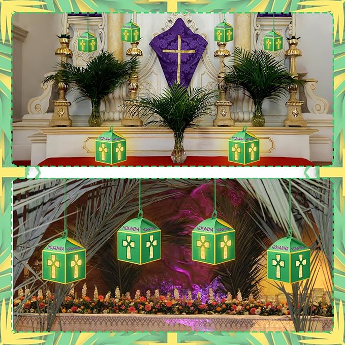 Simgoing 12 Sets Palm Sunday Crafts with LED Candles Easter Religious Palm Leaf Cross Tissue Paper Lanterns Craft Kits Sunday School Religious Holy Week Hanging for Easter Party Activities