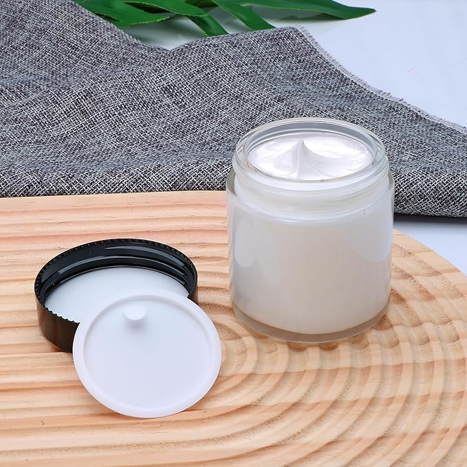 4oz Glass Clear Cosmetic Jars with Black Lids,Empty Small Glass Jars with Inner Liners,Round Travel Sample Container for Cream,Lotion,Ointments,Candle Making,Set of 25