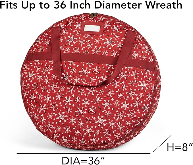 Covermates Keepsakes Wreath Storage Bag – Heavy-Duty Polyester with Buckle Straps & Interior Pouch – Protective Holiday Wreath Organizer with Handles, D-Ring & Label Window, Red Snowflake