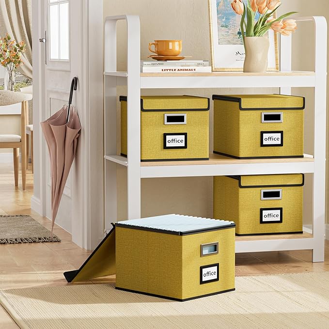 Huolewa File Organizer Box with Lid, Collapsible File Folder Organizer for Office Document Storage, Filing Box with Plastic Slide for Letter Size Hanging Files(1 Pack, Yellow)