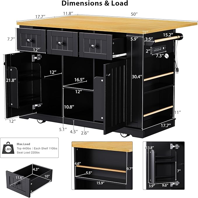 Kitchen Storage Island on Wheels with 2 Bar Stools, Rolling Drop Leaf Kitchen Island Cart with Power Outlet, Open Side Racks, Door Shelves and Towel Bar, 53-Inch, Black