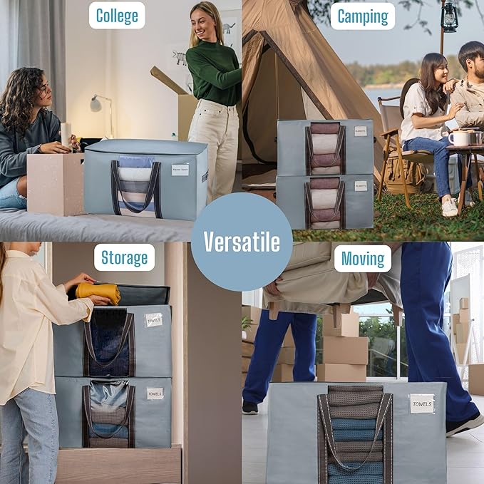 VENO 8 Pack Moving Bags with Clear Window, Heavy Duty Storage Bins with Lid, Around Handles, Tag, Zippers, Extra Large Totes Packing Moving Boxes Supplies for College Dorm Clothes (Light Blue)