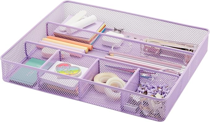 Annova Desk Top Organizer/Storage Tray - Metal Mesh with Dividers for Pens, Desktop Accessories, Bathroom, Kitchen, Makeup and Office Supplies (Large, Light Purple)