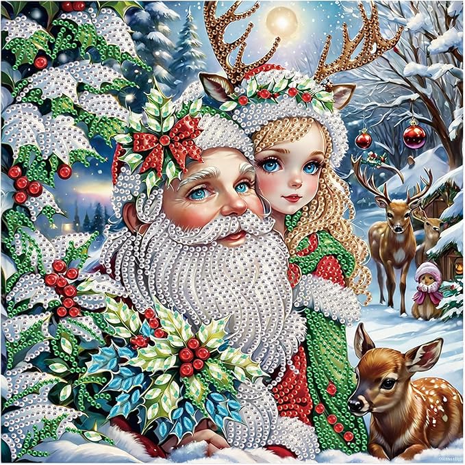 antor Christmas Santa Claus and Reindeer 5D Special Shape Diamond Painting Kits for Adults, Crystal Rhinestones DIY Diamond Art for Home Wall Decor Gift, 12×12 Inch