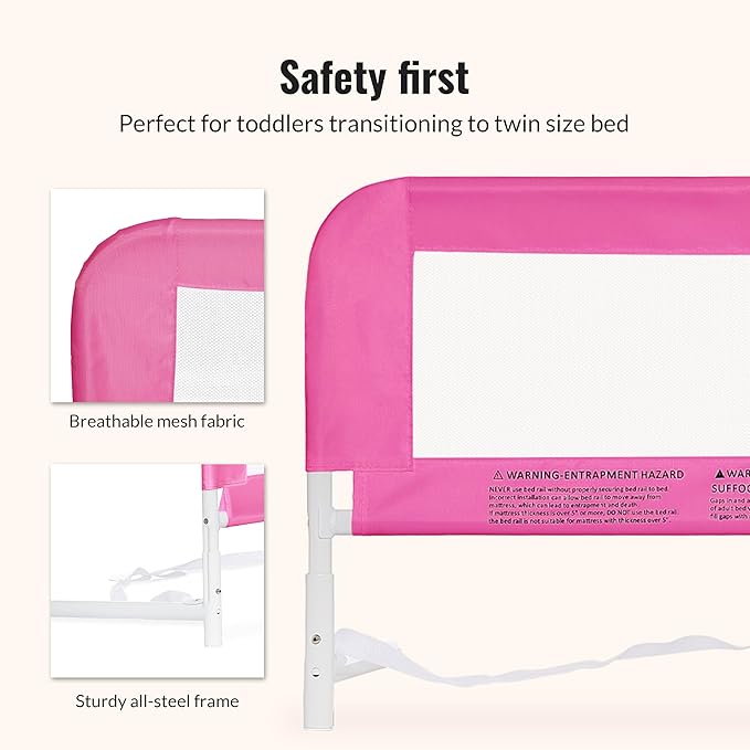 Dream On Me Mesh Security Bed Rail – Toddler Safety Guard with breathable mesh, reinforced anchor system, lightweight, portable, fits adult twin-size beds, Pink