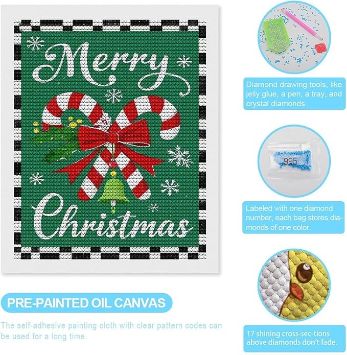 AIVKIEJK Diamond Painting Kits for Adults - Festive Merry Christmas Red Bow, Candy Cane & Bell Painting DIY 5D Full Drill Diamond Dots Paintings with Diamonds Gem Art and Crafts Home Decor 16"x20"