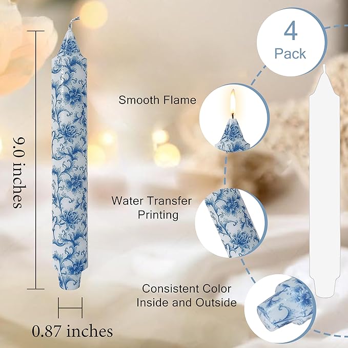 9 Inch Blue and White Thick Taper Candles Hand Poured Smokeless Unscented Clean Burning Chinoiserie Floral Candles for Wedding Centerpiece Nautical Ceremony Tall Candle Sticks