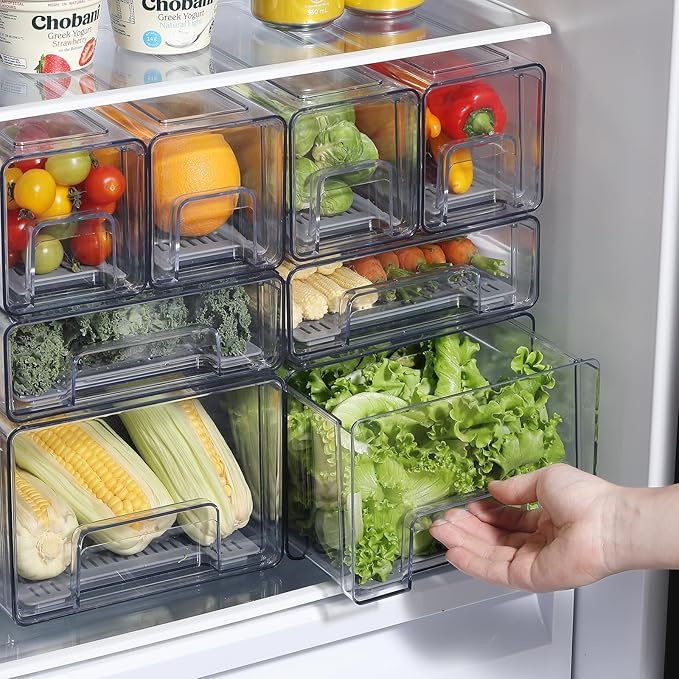 Pull Out Clear Fridge Organizer Drawers with Drainer, Refrigerator Stackable Storage Bins for Kitchen Fruit & Veggie Organization (2PCS, Large)