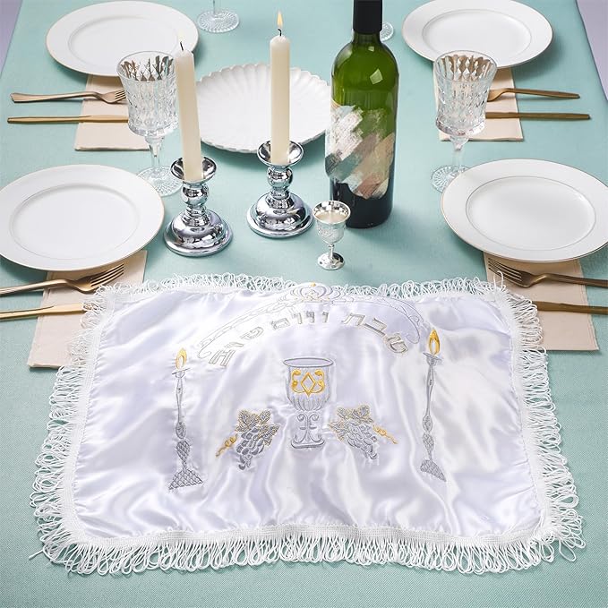 Modern Shabbat Havdalah Set White Satin Challah Cover Silver Candle Holders Silver Wine Cup White Taper Candles for Shabbat, Holiday and Havdalah Gifts