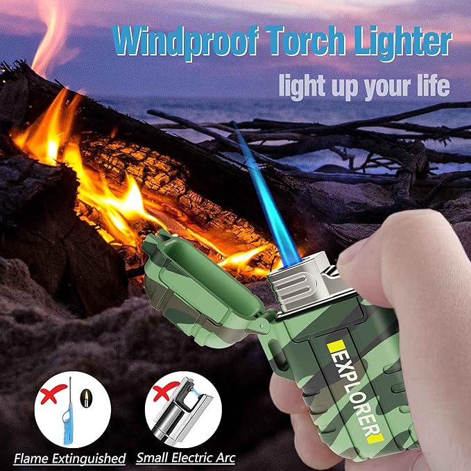 Torch 2 Pack Windproof Outdoor Gas Lighter - Adjustable Jet Flame, Fireplace, Fireworks, Grill, Camping, BBQ - Gifts for Men (Camo+Camo) (Without Butane)
