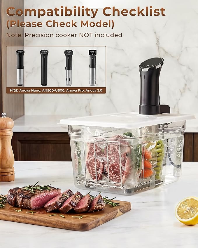 EVERIE 12 Quart Sous Vide Container with Collapsible Hinged Lid + Wobble-Free Stainless Steel Rack Divider— NSF Approved Container, BPA-Free Lid, Compatible with Anova and Instant Pot
