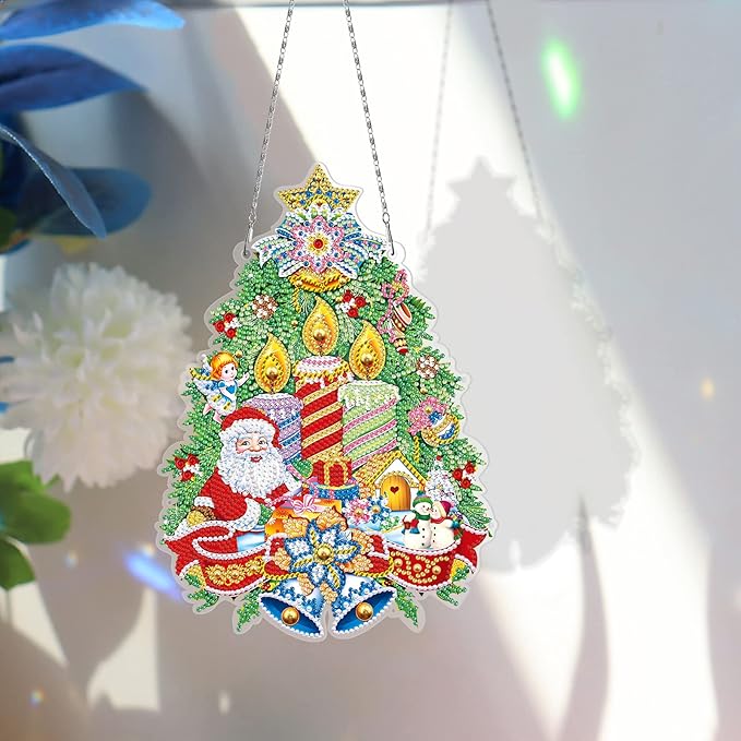 Christmas Tree Diamond Art Hanging Signs with LED Light String DIY Santa Claus Diamond Dots Painting Wreaths Hanging Ornaments Special Shaped Crystal by Number Mosaic Kits Porch Home Wall Door Decor