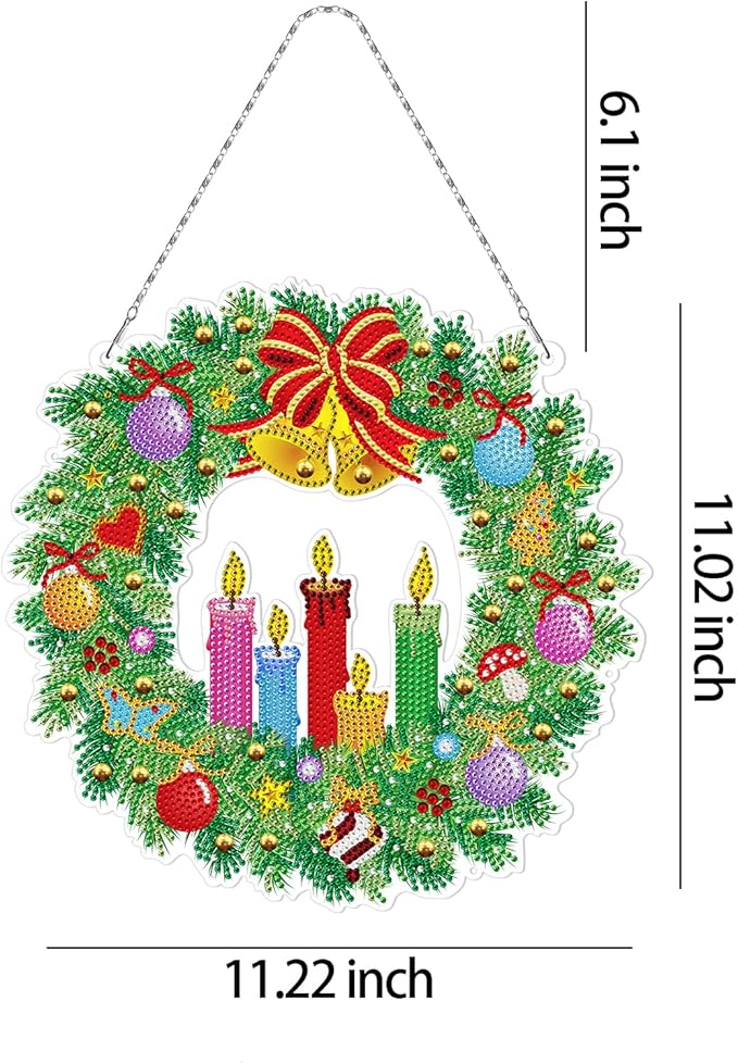 Diamond Art Christmas Candle Bells Wreath with LED Light String DIY 5D Diamond Dots Painting Christmas Hanging Pendant Special Shaped Gem Paint by Number Kits for Front Door Home Wall Christmas Decor