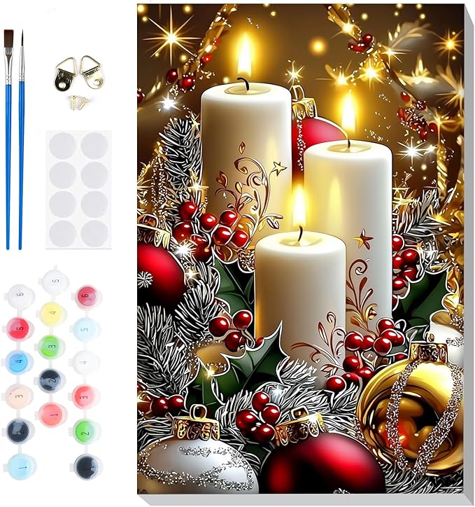 Bowetile Christmas Paint by Numbers for Adults Beginners Framed, Candles Adults' Paint-by-Number Kits, Adult Paint by Number Kits on Canvas, Acrylic Number Painting for Home Decor, 8x12in