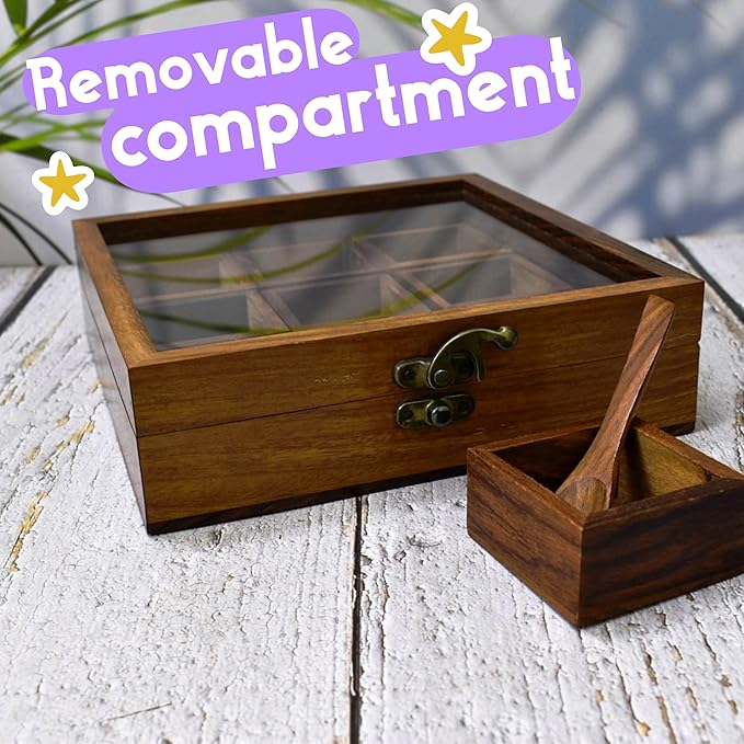 Masala Dabba Indian Wooden Spice Box with Glass Top and Spoon - Sheesham Rosewood (8 inch spice box)