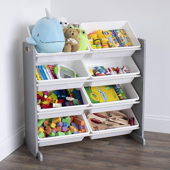 Humble Crew 8-Bin Toy Organizer – Large Storage Bins with Grey Wood Frame & White Plastic Totes, 4-Tier Kids’ Organizer Shelf with Safety Braces and Anti-Tip Kit