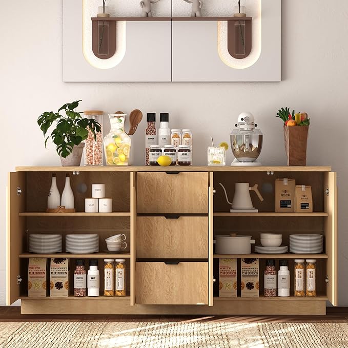 Brafab 67" Mid Century Modern Style Storage Sideboard with 4 Arched Reeded Design Doors and 3 Drawers with Adjustable Shelves, Suitable for Living Rooms, Studies and Dining Rooms (Natural Oak, 1 PCS)