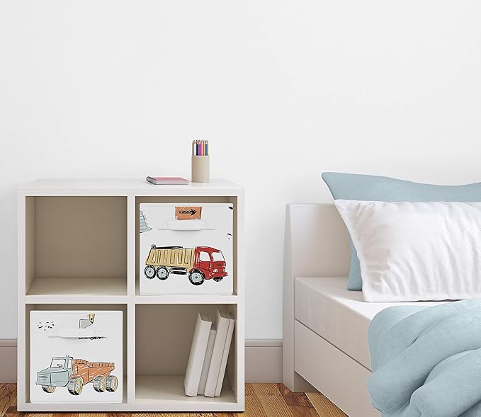 Sweet Jojo Designs Construction Truck Foldable Fabric Storage Cube Bins Boxes Organizer Toys Kids Baby Childrens - Set of 2 - Grey Yellow Orange Red and Blue Transportation