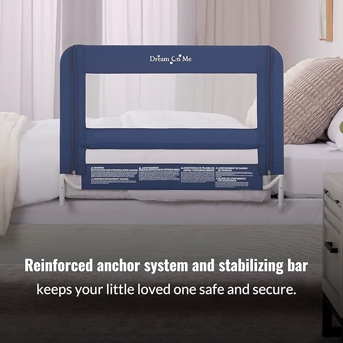 Dream On Me Lightweight Mesh Security Adjustable Bed Rail for Toddler, Breathable Mesh Fabric, Suitable for All Types of Beds, Reinforced Anchor System Bed Guard Rail, Navy