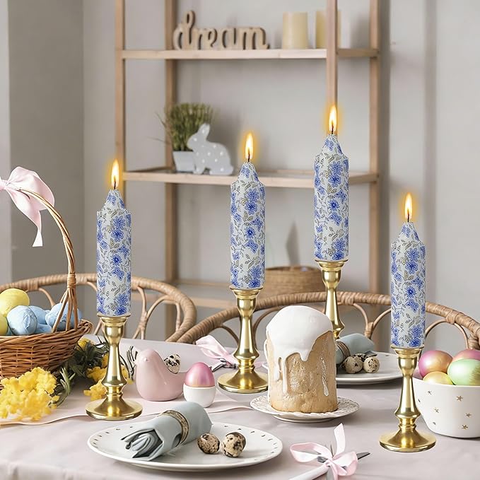 5 inch Short Candle Floral Candle Sticks Printed Candlestick Handmade Unscented Taper Candle 4 pcs Blue Flower Tapered Candles for Home Dinner Wedding Holiday