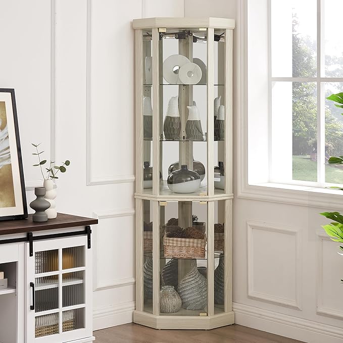 69" H Lighted Curio Cabinet Corner Display Case,Corner Glass Cabinets with Tempered Glass Door and Adjustable Shelves,Wooden Curio Cabinet with Mirrored Back Pane(Style 1 - Antique White)