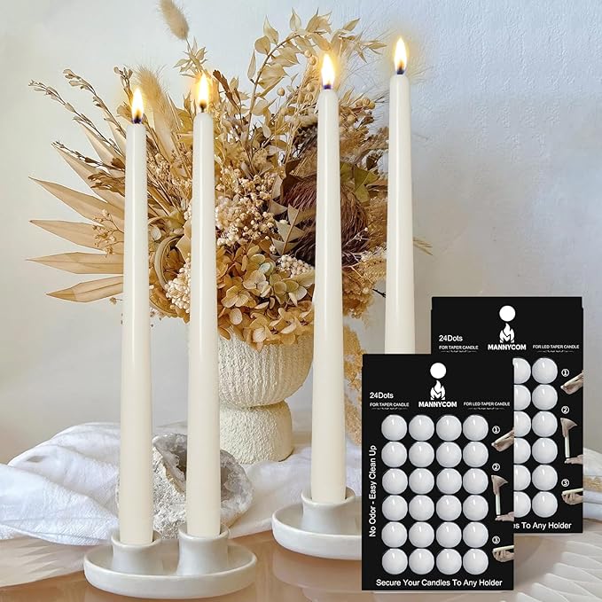 Taper Candles Sticky Dots - MANNYCOM White Wax Dot - Candl Accessories - Candle Adhesive - Secure Your Candles Fixed to Any Holder - 48 Pack