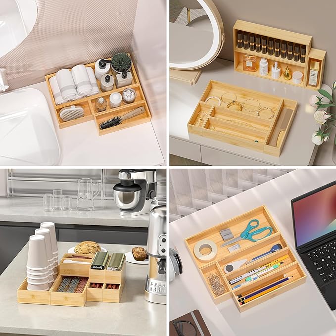 Kitchen Drawer Organizer Bins, Stackable Bamboo Deep Drawer Organizer for Silverware, Utensils, Cutlery, Flatware, Junk Drawer, Dresser, Bathroom, 15" x 6" x 2.5" (Set of 2)
