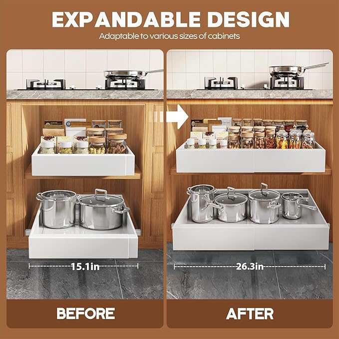2 Pack Expandable (15.1"-26.3") Pull Out Cabinet Organizer 21" Deep With Raising Pad for Framed Cabinets,Upgrade 3 Slide Rails Slide Out Drawers,No Drill Roll Out Shelves Adhesive,White