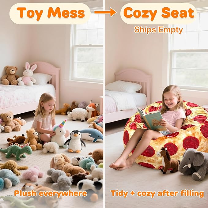 Lukeight Pizza Stuffed Animals Storage Bean Bag Chair Cover Only (Ships Empty, No Filling) - Velvet YKK Zipper Beanbag Cover for Kids Big kids, Washable Plush Toy Organizer, X-Large 30" D x 18" H