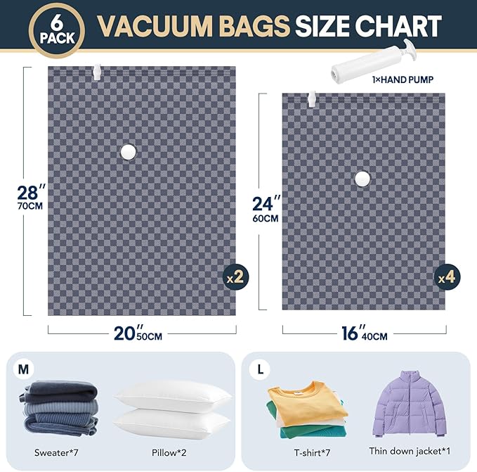 6 Pack Cloth Vacuum Storage Bags, Vacuum Seal Bags for Clothing with Hand Pump, 2 Large+4 Medium, 80% Space Saver Bags for Luggage, Comforters,Blankets, Home Travel Essentials (Dark Blue Checkered)