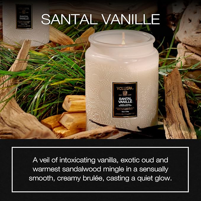 Voluspa Santal Vanille Candle, 18 oz, Coconut Wax Blend, Scented Candles for Home, 100 Hour Burn Time, Candle Jars