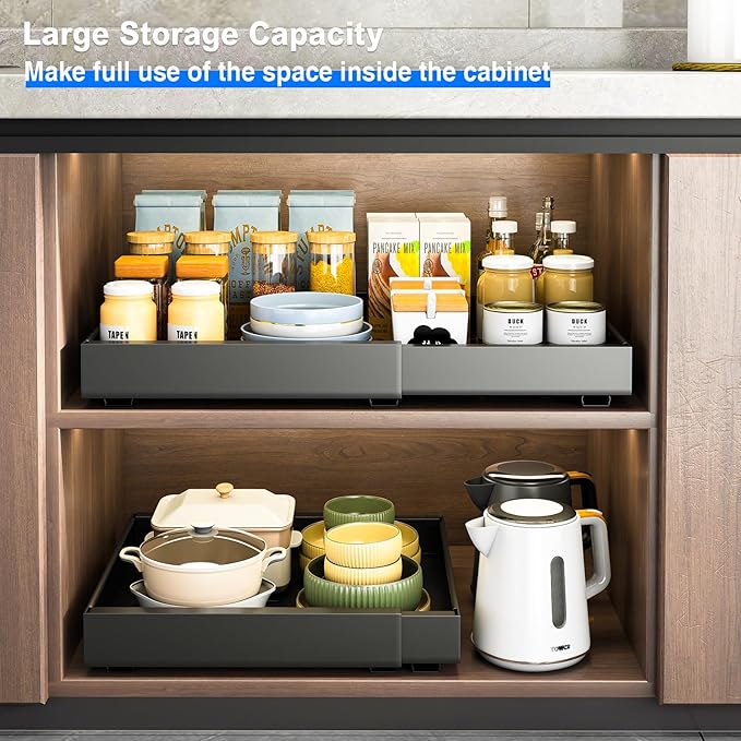 2 Pack Pull Out Cabinet Organizer, Expandable Slide Out Drawers for Kitchen Cabinets Peel and Stick Pullout Drawer Heavy Duty Sliding Shelves for Cupboard, Pantry, Bathroom(16.5" Deep, Black)