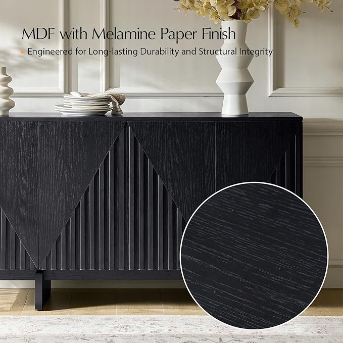 HULALA HOME Mid Century Modern Solid Wood Sideboard with Triangle, 4 Door Fluted Buffet Cabinet with Storage, 58" Sideboard Cabinet with Adjustable Shelves, Black