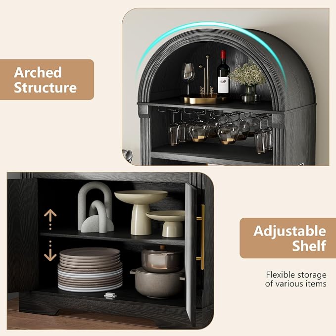 Vlsrka 71" Tall Arched Kitchen Pantry Cabinets, Wood Kitchen Storage Cabinets/Arched Bookshelf/Bookcase,China Cabinet with Open & Adjustable Shelves, Induction LED Light (Black A)
