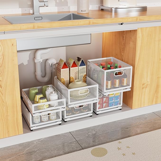 Pull Out Cabinet Organizer, Slide Out Drawers Fixed with Adhesive Nano Film, Pantry Shelves Sliding Drawer Storage Organization for Kitchen (Double Layer 11.8 * 9.4 * 10inch/30 * 24 * 25.5cm)