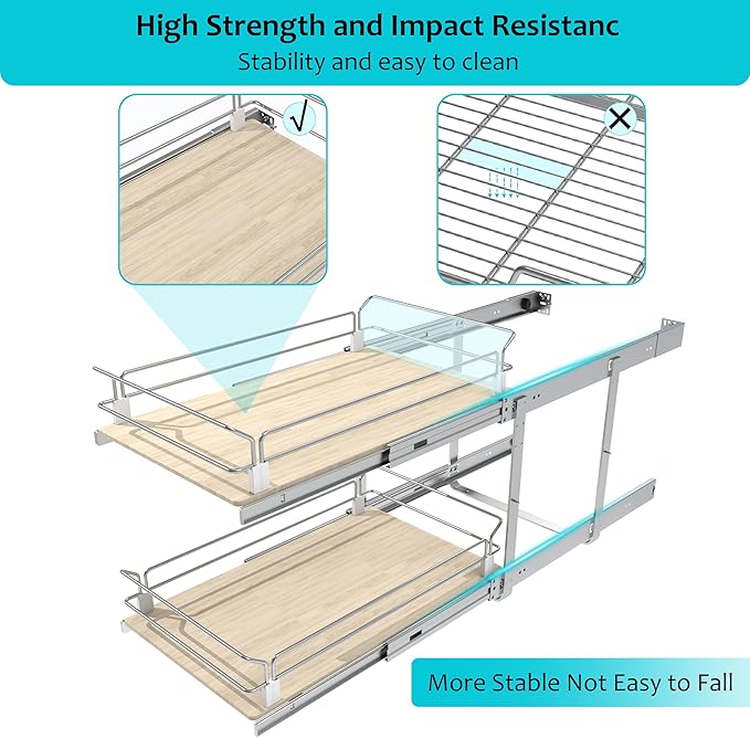 2 Tier Pull Out Cabinet Organizer 18" W X 22" D, Slide Out Drawers For Kitchen Cabinets, Pull Out Drawers For Cabinets Capacity Heavy Duty Caddy, Cabinet Pullout Shelves Wood Chrome, Pantry Storage