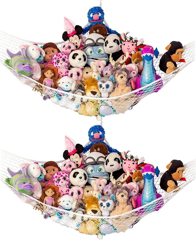 Lilly's Love Large Stuffed Animal Hammock | Corner Hanging Organizer, Toy Storage, Stuffed Animal Storage Net | Made from Quality Fishing Net, Holds 12lbs | 79"x63"x63" (White, 2 Pack)