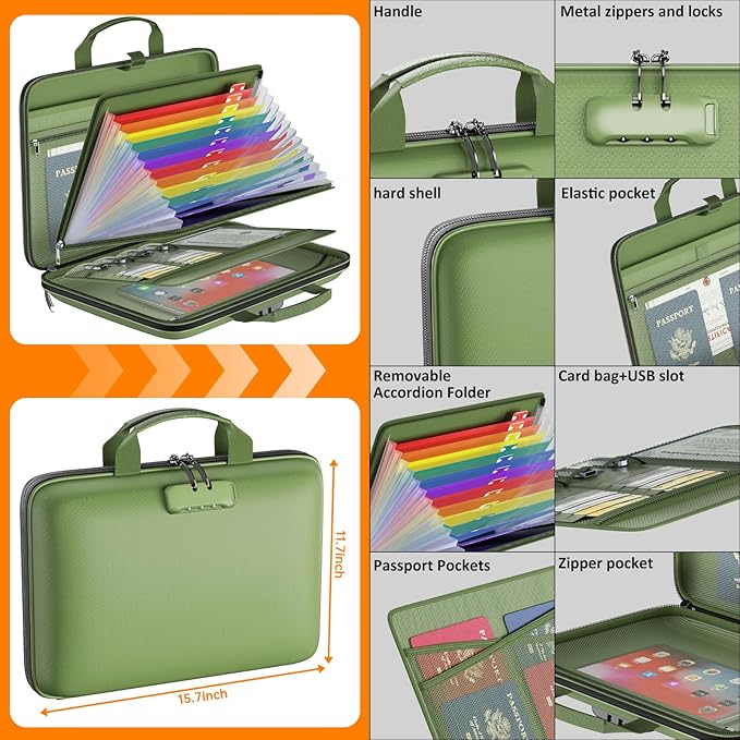 Fireproof File Organizer with Lock, Hard Case Fireproof Document Box with 13 Colorful Pockets Accordion File Folder, Important Document Organizer for Letter A4 Files Laptop Passports (Green)