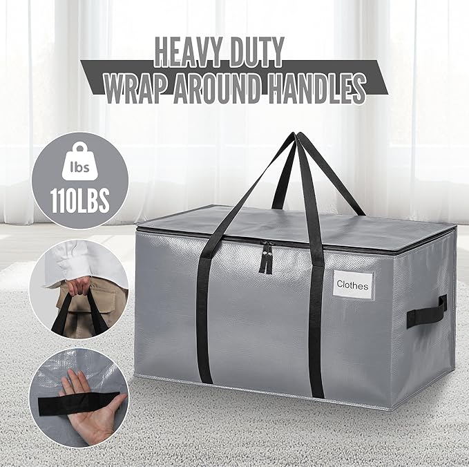 BAGAIL Heavy Duty Moving Bags with Strong Handle, Extra Large Moving Boxes, Storage Tote for Clothes, College Moving Supplies(Grey, 2 Pack)