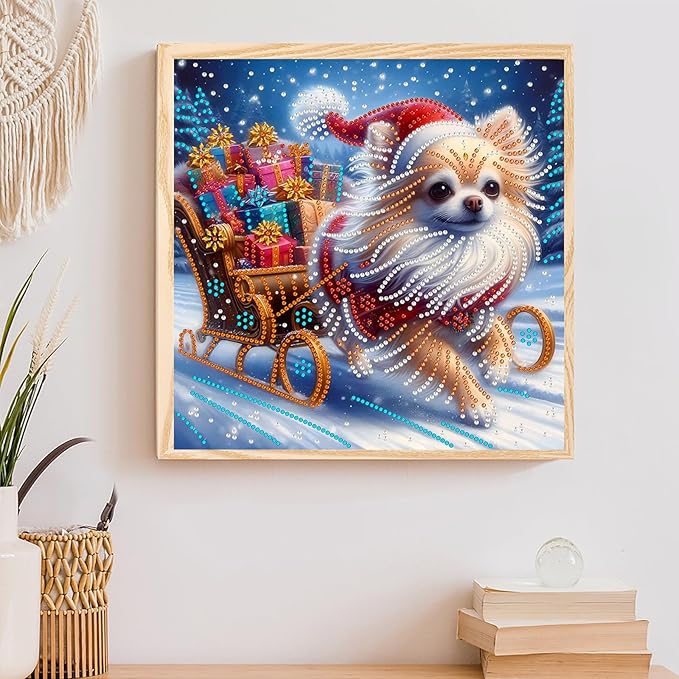 Christmas Dog 5D Special Shape Diamond Art Kits for Beginners, Christmas Winter Theme Diamonds Painting Kits for Adults,DIY Crystal Rhinestones Diamond Paintings for Home Wall Decor 12×12Inch