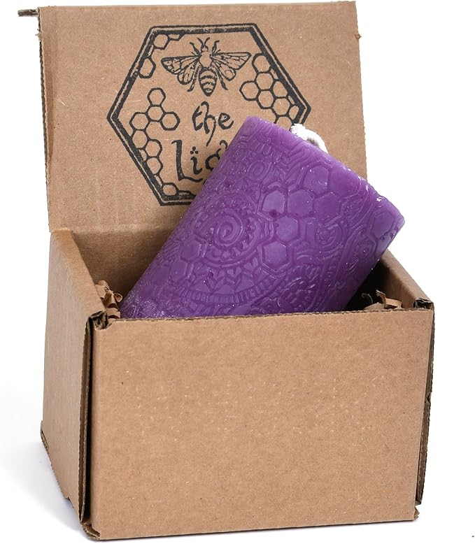 BeeTheLight Beeswax Pillar Candle - 100% Pure Bees Wax - Choose Your Size and Color - Up to 72 Hour Burn Time - Approx. 2x3, 3x4, 3x6 - Unscented - Natural Light Honey Scent (Cosmic Purple, Medium)