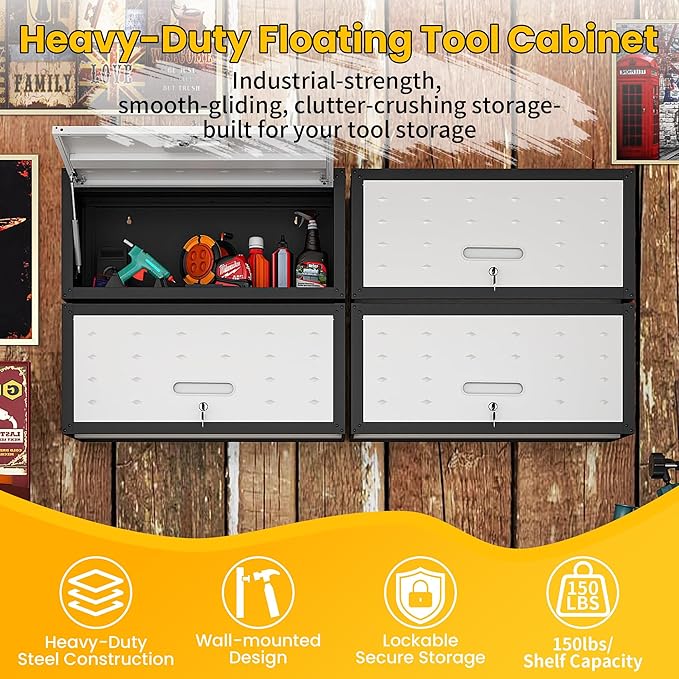 Garage Storage Cabinets Wall Mount, Metal Lockable Storage Cabinet with Flip-Up Door, Spacing Saving Wall Mount Cabinet Storage, Hanging Floating for Garage, Basement,Warehouse