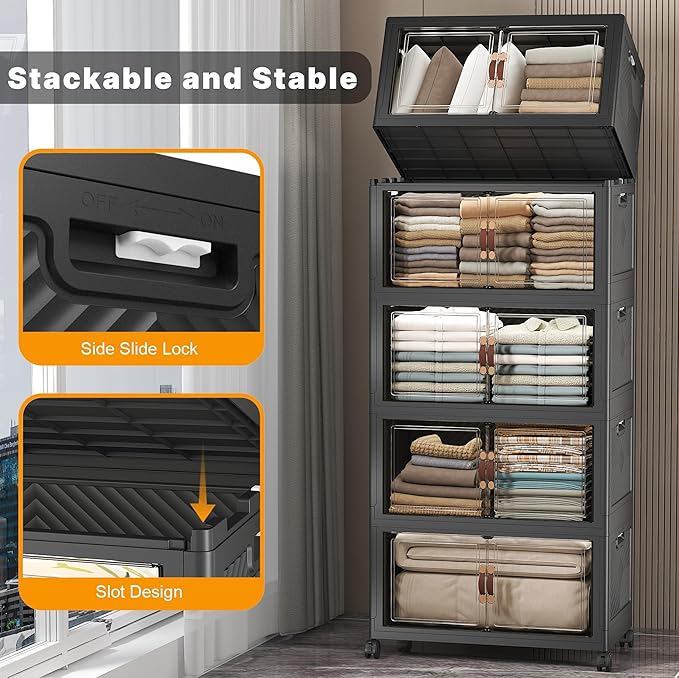 Stackable Storage Bins with Lids & Wheels & Door, Foldable Collapsible Closet Organizers, Extra Large Plastic Storage Drawers for Bedroom Dorm Office Garage (Dark-112QT, 5Pack with 1 top lid)