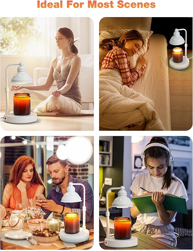 Candle Warming Lamp With Timer, Dimmer, Height Adjustment, USB Charger - Scented Bedroom Home Decor Gift for Women (White)