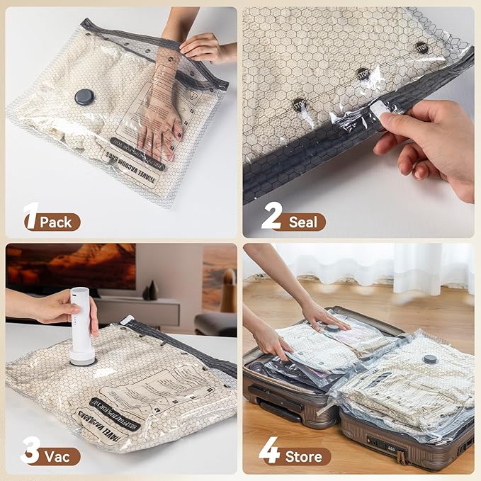 Vacuum Seal Bags for Clothing Travel，12 Combo Size with Cordless Electric Pump，Space saving vacuum bags for travel and clothing storage